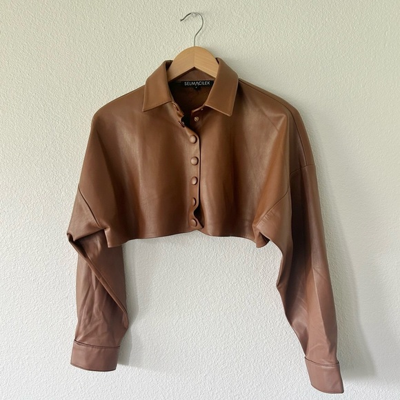 SELMACILEK Vegan Leather High Rise Pant & Crop Shirt Set in Brown - Picture 8 of 11